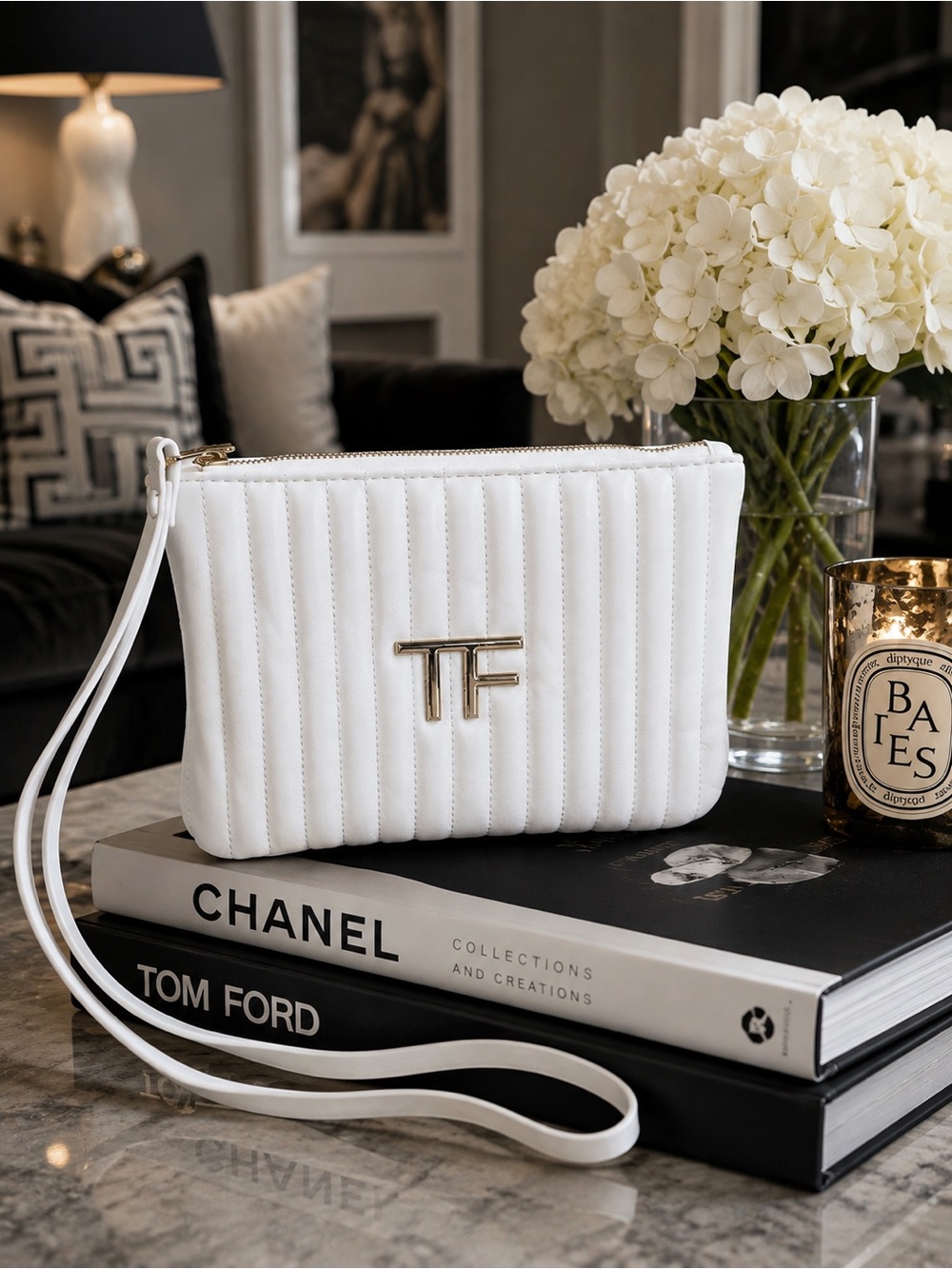New White Faux Leather Quilted Wristlet / Cosmetic Pouch